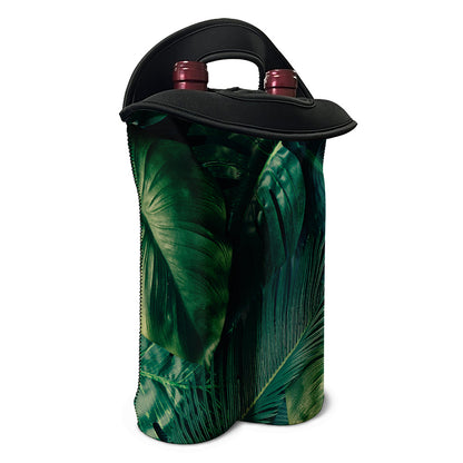 Tropical Green Leaves Print Double Neoprene Wine Tote