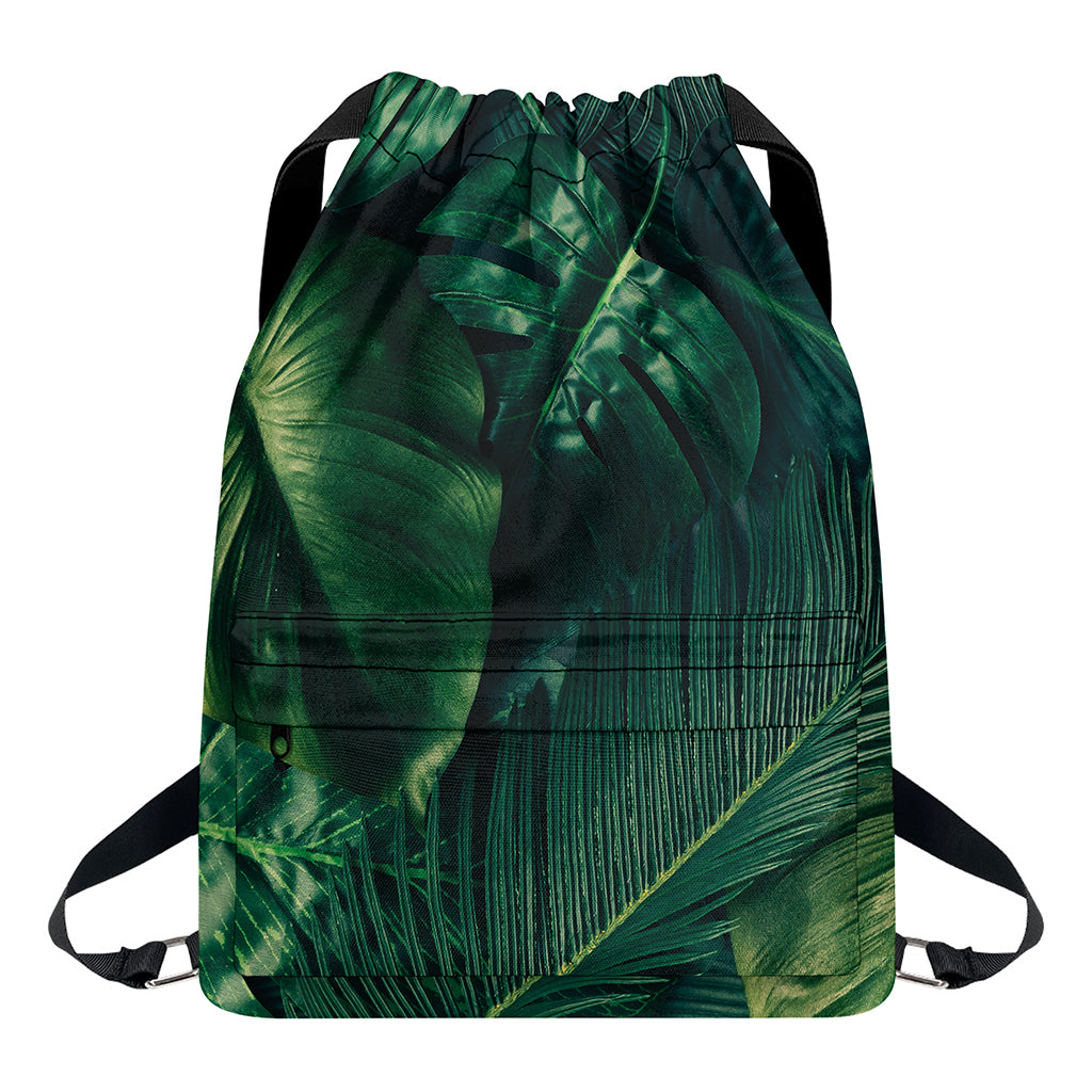 Tropical Green Leaves Print Drawstring Backpack