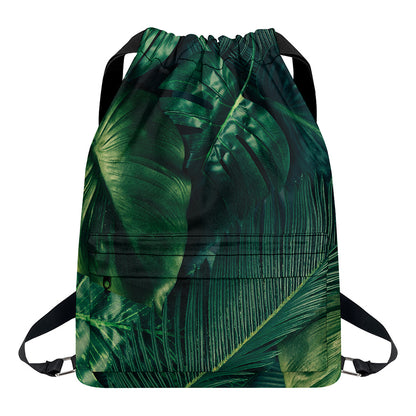 Tropical Green Leaves Print Drawstring Backpack