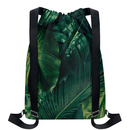 Tropical Green Leaves Print Drawstring Backpack