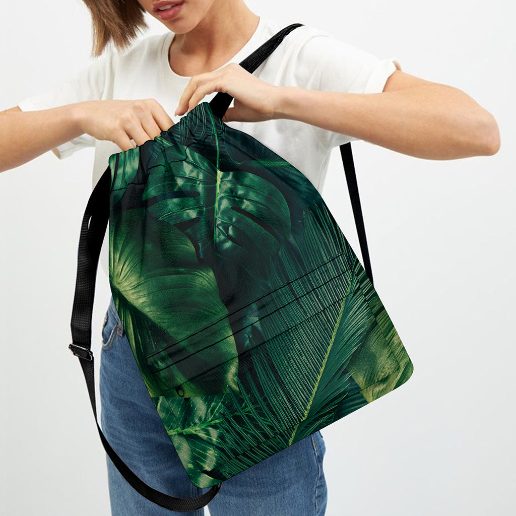 Tropical Green Leaves Print Drawstring Backpack