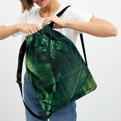 Tropical Green Leaves Print Drawstring Backpack