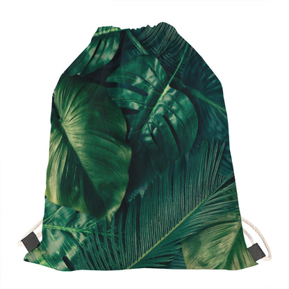 Tropical Green Leaves Print Drawstring Bag