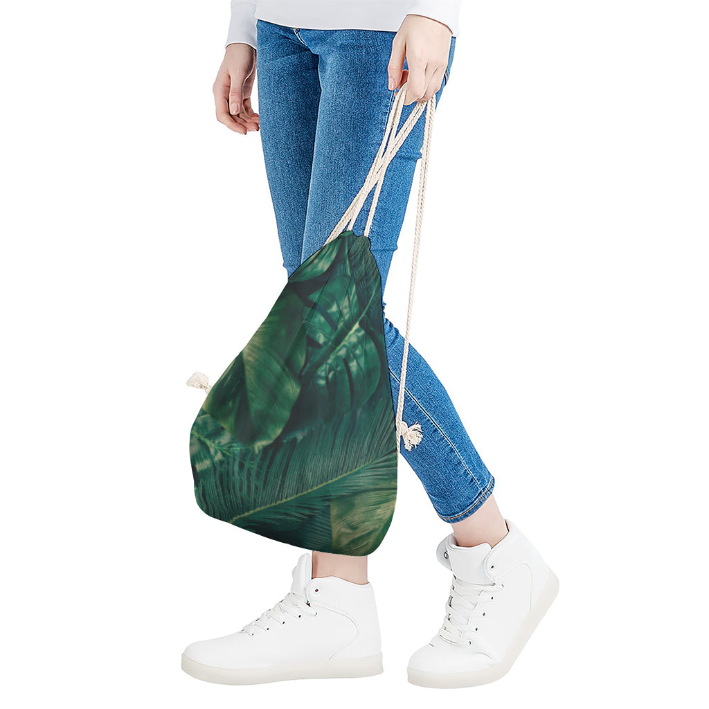 Tropical Green Leaves Print Drawstring Bag