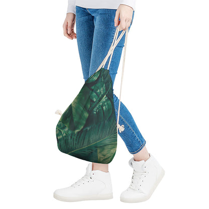 Tropical Green Leaves Print Drawstring Bag