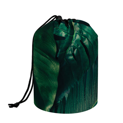 Tropical Green Leaves Print Drawstring Makeup Bag