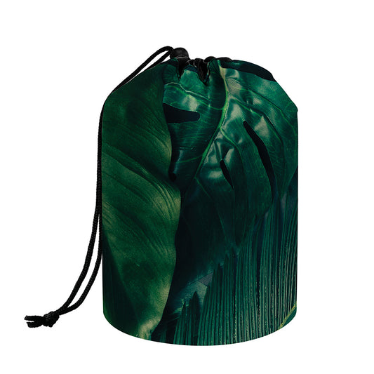Tropical Green Leaves Print Drawstring Makeup Bag
