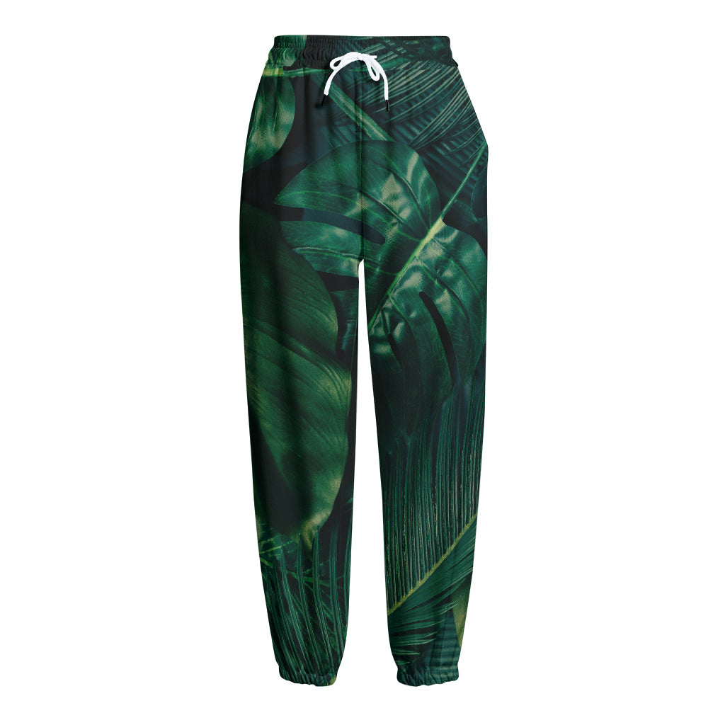 Tropical Green Leaves Print Fleece Lined Knit Pants