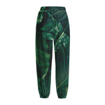 Tropical Green Leaves Print Fleece Lined Knit Pants