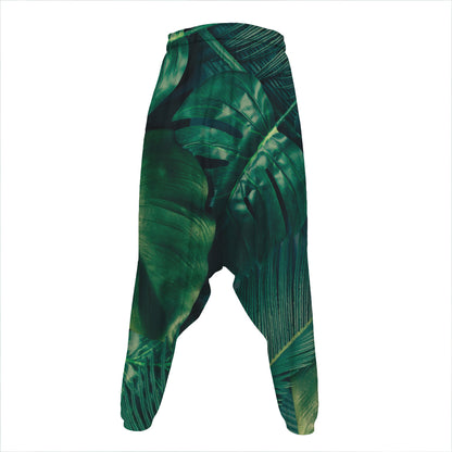 Tropical Green Leaves Print Hammer Pants