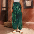Tropical Green Leaves Print Harem Pants