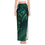 Tropical Green Leaves Print High Slit Maxi Skirt