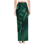 Tropical Green Leaves Print High Slit Maxi Skirt