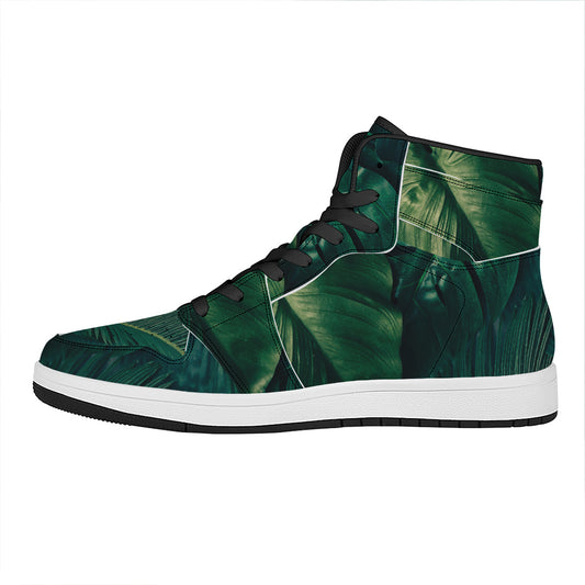 Tropical Green Leaves Print High Top Leather Sneakers