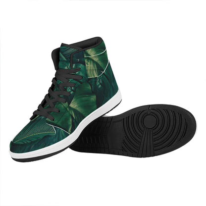 Tropical Green Leaves Print High Top Leather Sneakers