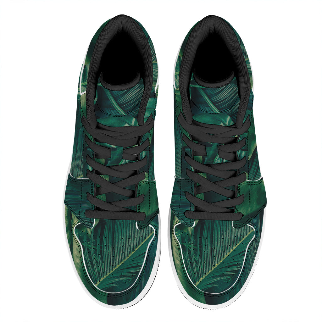 Tropical Green Leaves Print High Top Leather Sneakers