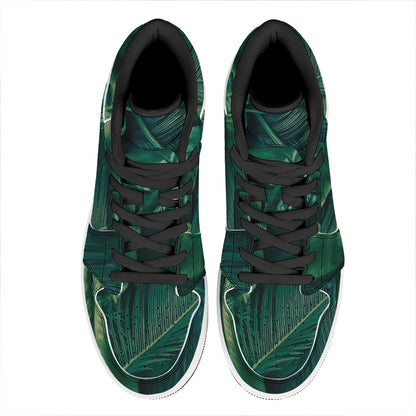 Tropical Green Leaves Print High Top Leather Sneakers