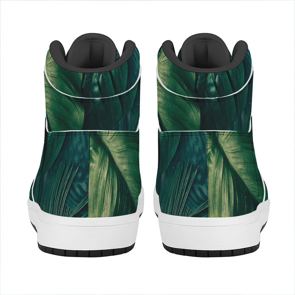 Tropical Green Leaves Print High Top Leather Sneakers