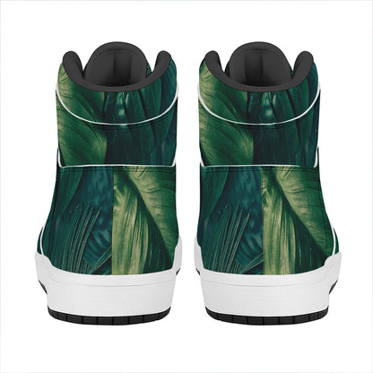 Tropical Green Leaves Print High Top Leather Sneakers