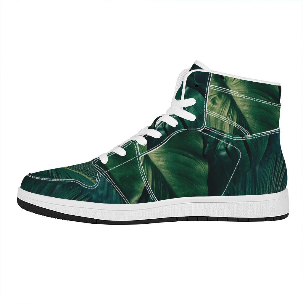 Tropical Green Leaves Print High Top Leather Sneakers