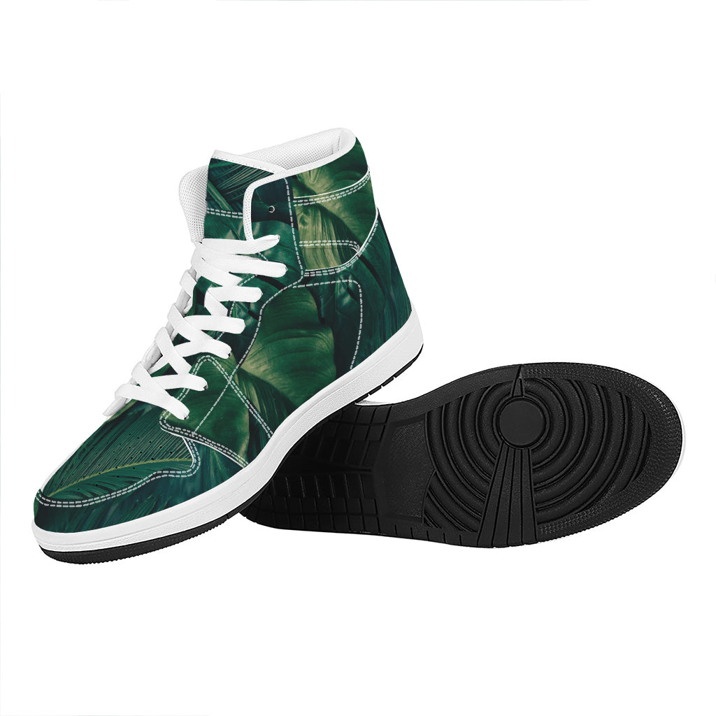 Tropical Green Leaves Print High Top Leather Sneakers