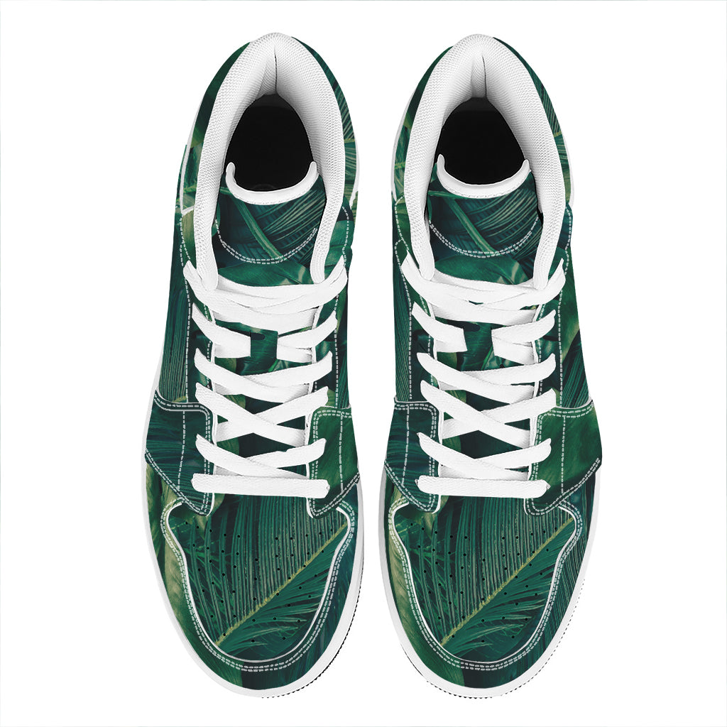 Tropical Green Leaves Print High Top Leather Sneakers