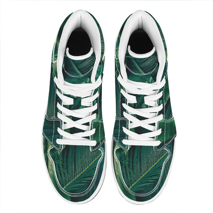 Tropical Green Leaves Print High Top Leather Sneakers