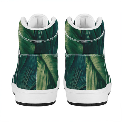 Tropical Green Leaves Print High Top Leather Sneakers