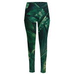 Tropical Green Leaves Print High-Waisted Pocket Leggings