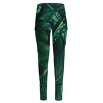 Tropical Green Leaves Print High-Waisted Pocket Leggings