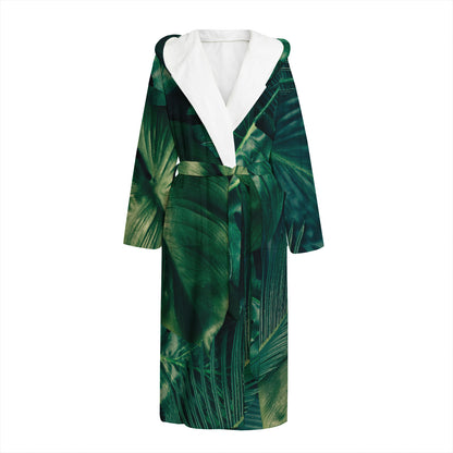 Tropical Green Leaves Print Hooded Bathrobe