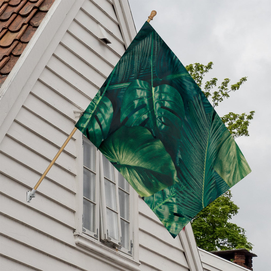 Tropical Green Leaves Print House Flag