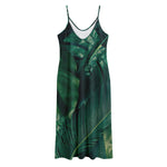 Tropical Green Leaves Print Jersey Midi Cami Dress