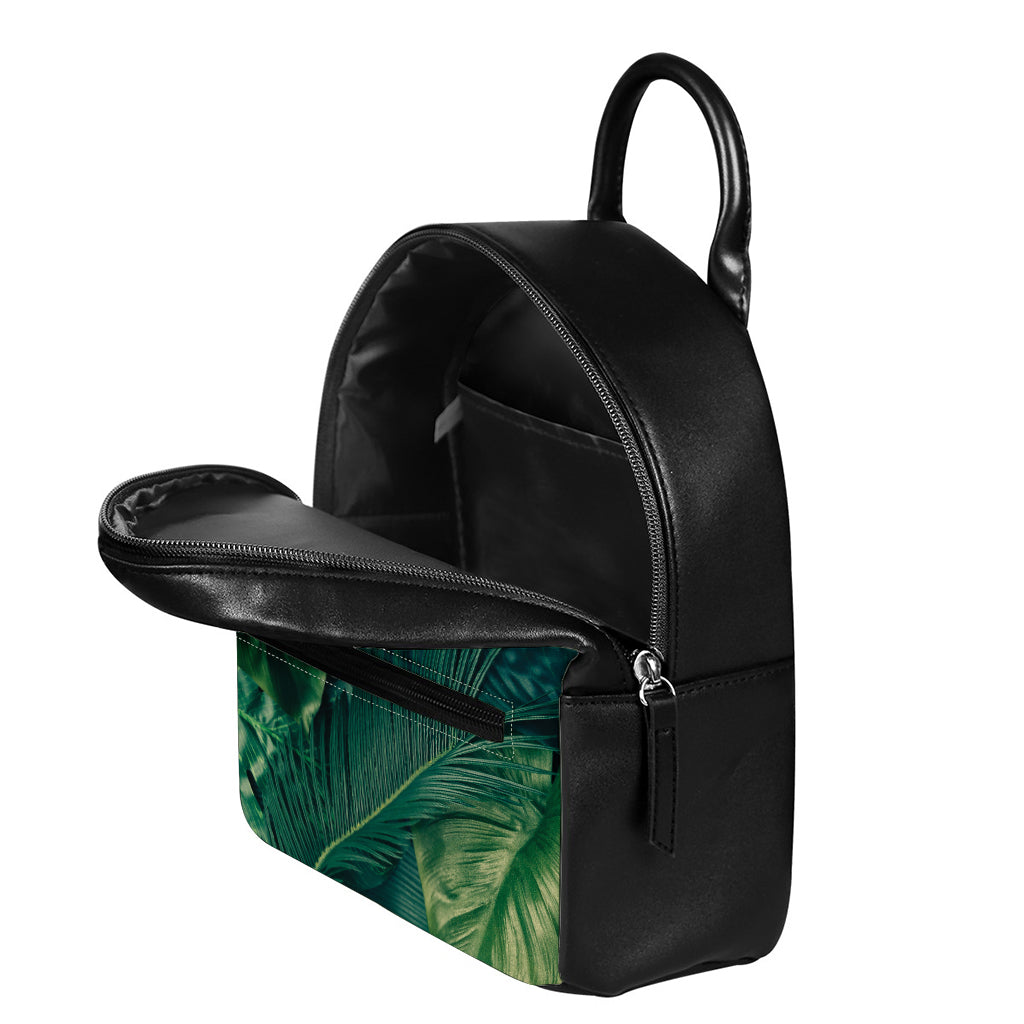 Tropical Green Leaves Print Leather Backpack