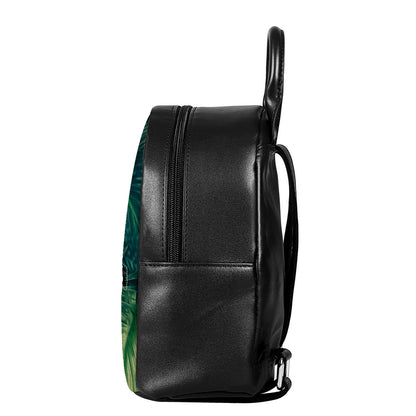 Tropical Green Leaves Print Leather Backpack