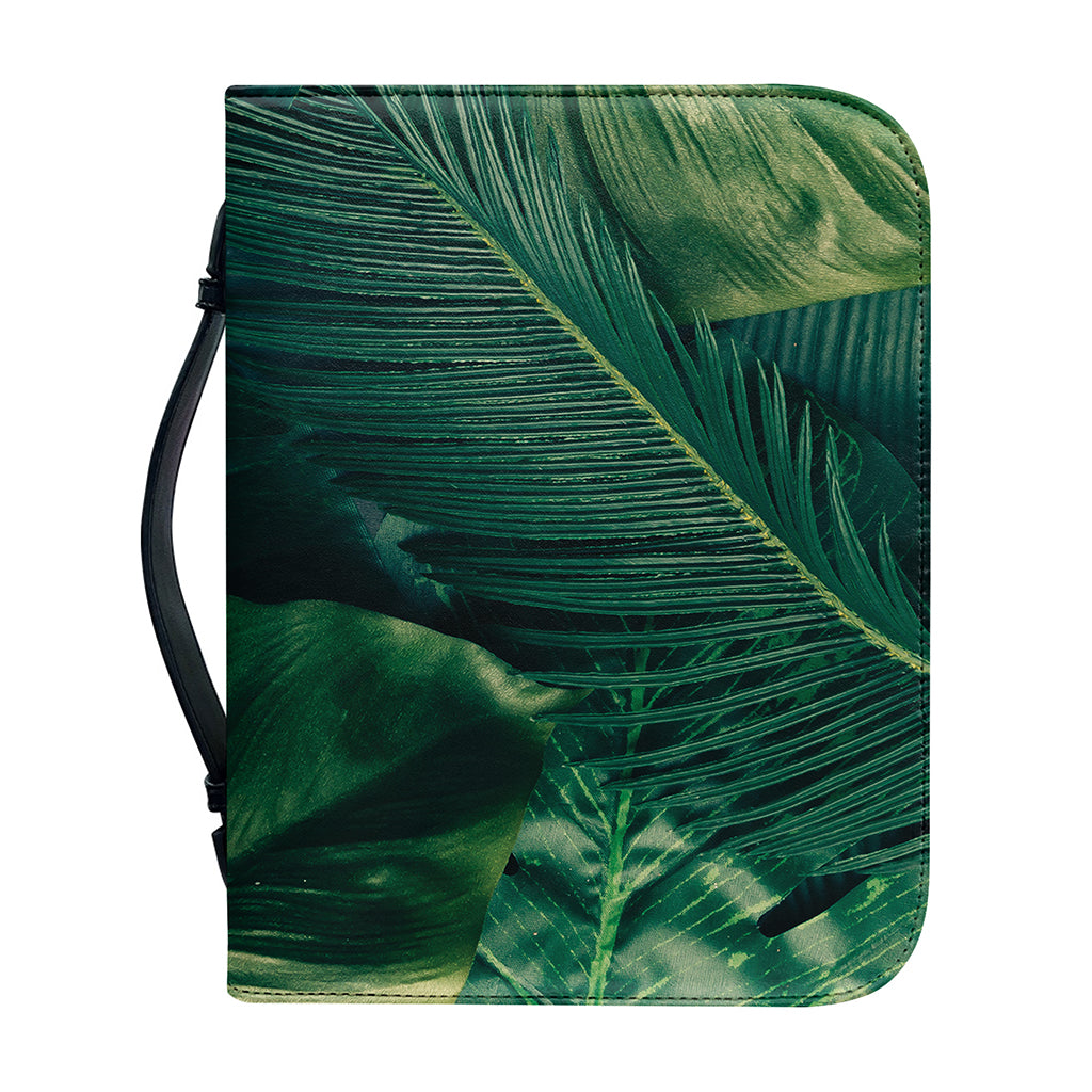 Tropical Green Leaves Print Leather Bible Cover
