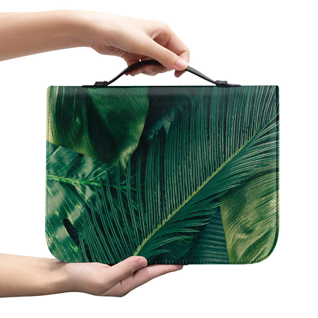 Tropical Green Leaves Print Leather Bible Cover