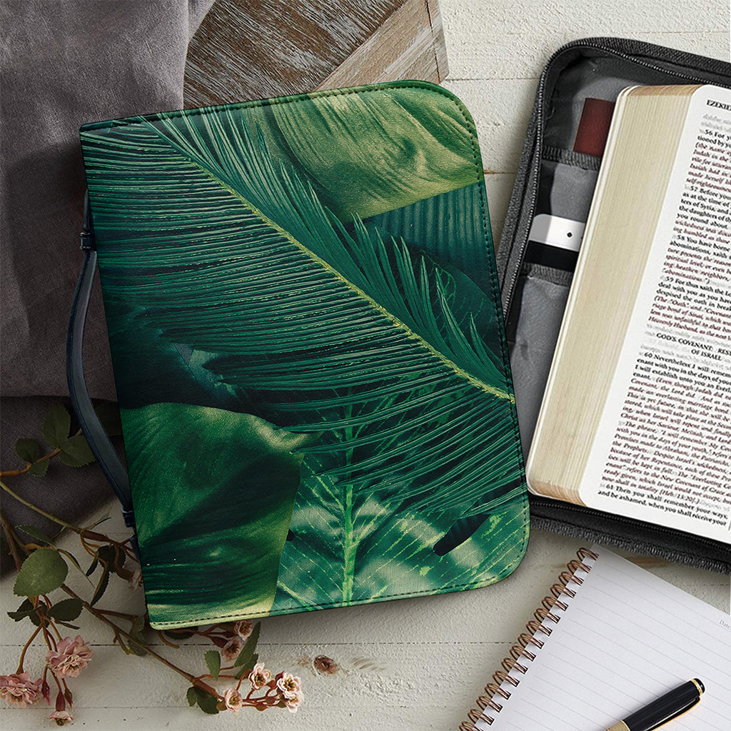 Tropical Green Leaves Print Leather Bible Cover