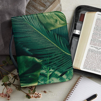 Tropical Green Leaves Print Leather Bible Cover