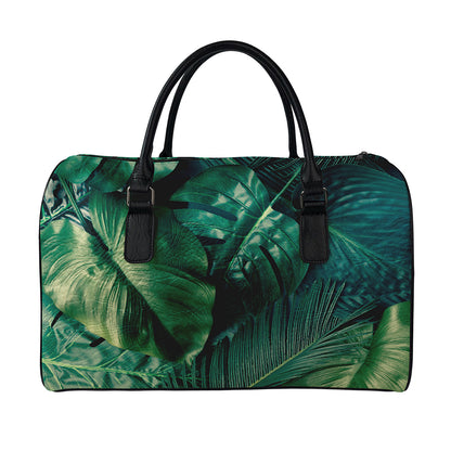 Tropical Green Leaves Print Leather Duffle Bag
