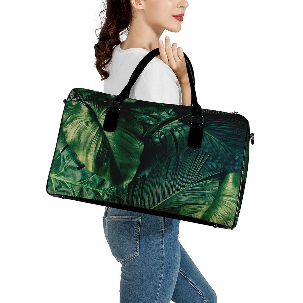 Tropical Green Leaves Print Leather Duffle Bag