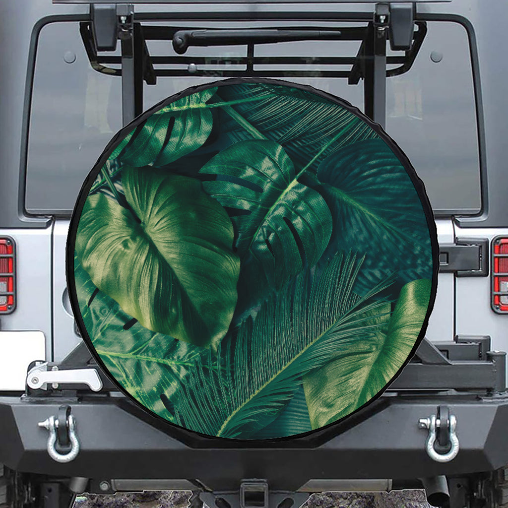 Tropical Green Leaves Print Leather Spare Tire Cover