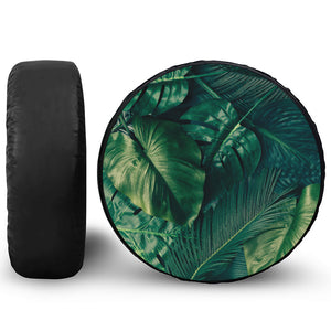 Tropical Green Leaves Print Leather Spare Tire Cover