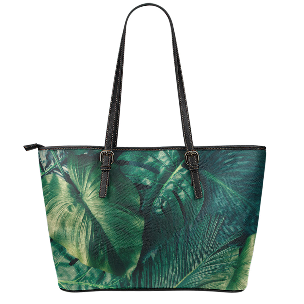 Tropical Green Leaves Print Leather Tote Bag
