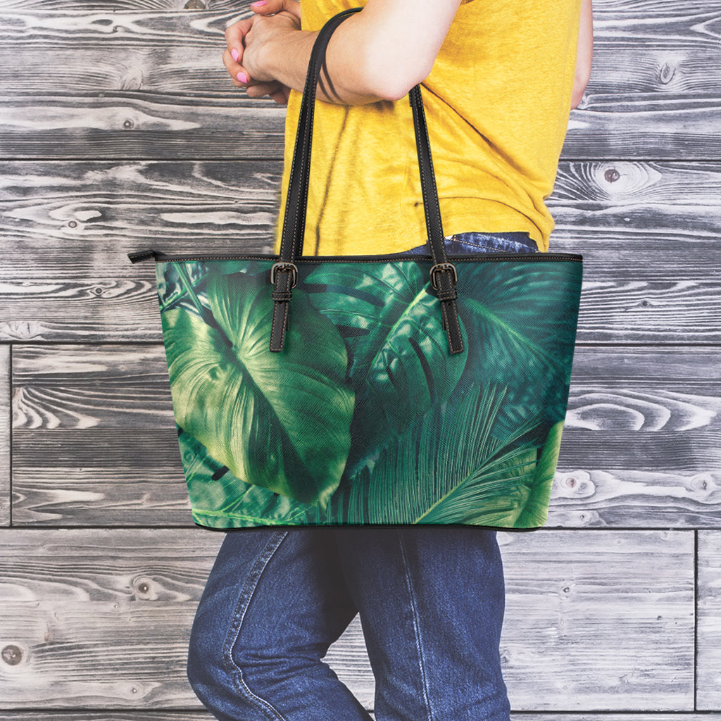 Tropical Green Leaves Print Leather Tote Bag