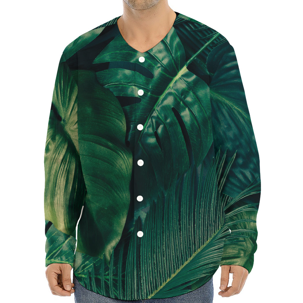 Tropical Green Leaves Print Long Sleeve Baseball Jersey