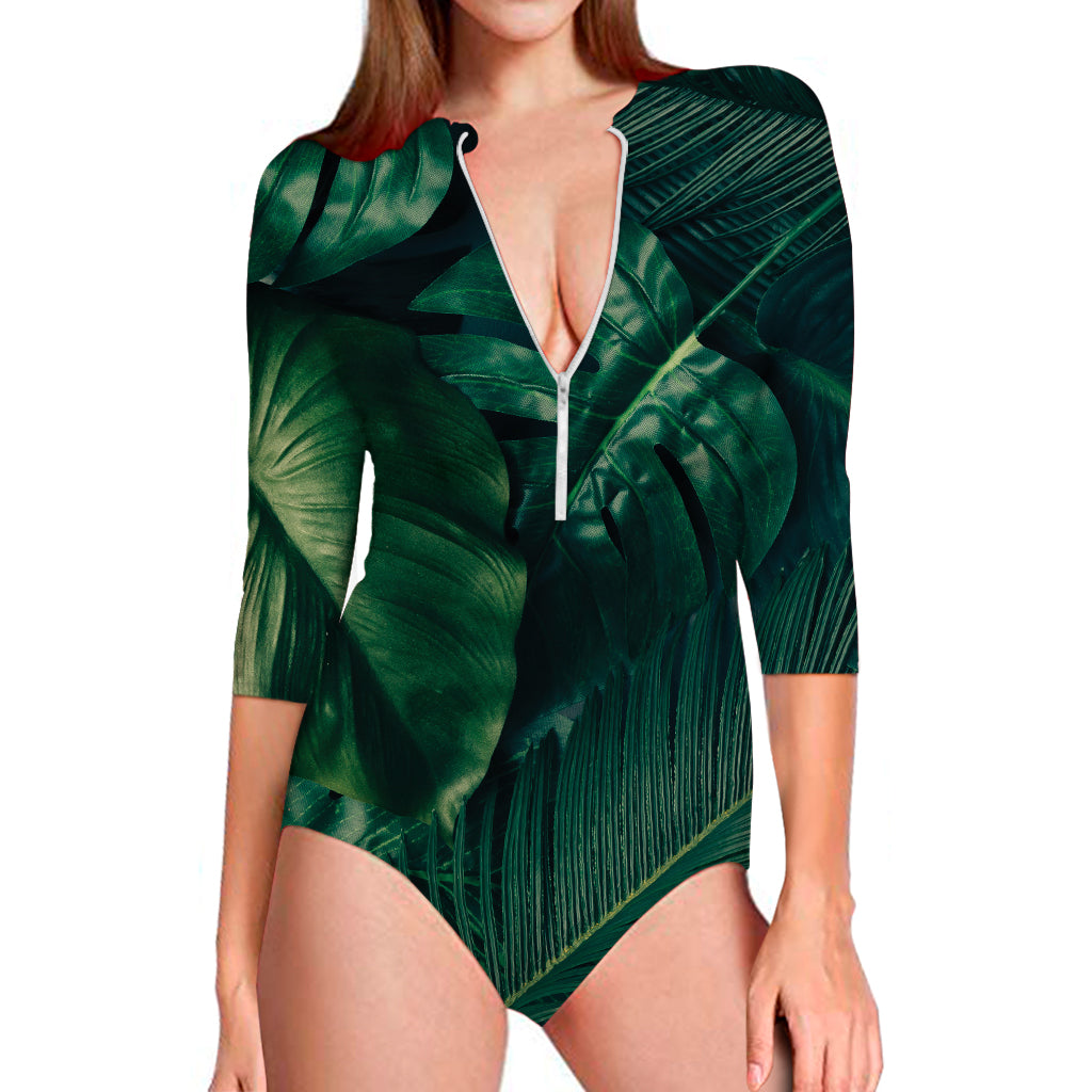 Tropical Green Leaves Print Long Sleeve Swimsuit
