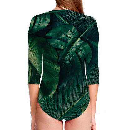 Tropical Green Leaves Print Long Sleeve Swimsuit