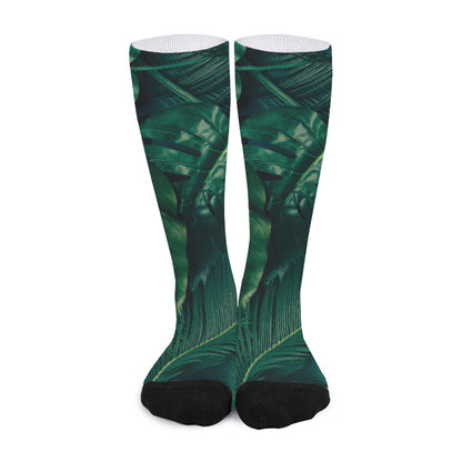 Tropical Green Leaves Print Long Socks