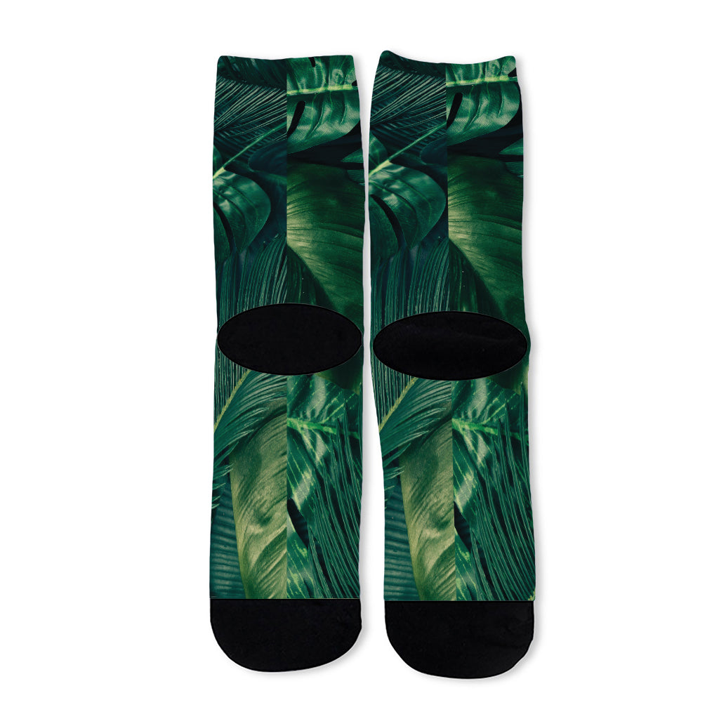 Tropical Green Leaves Print Long Socks